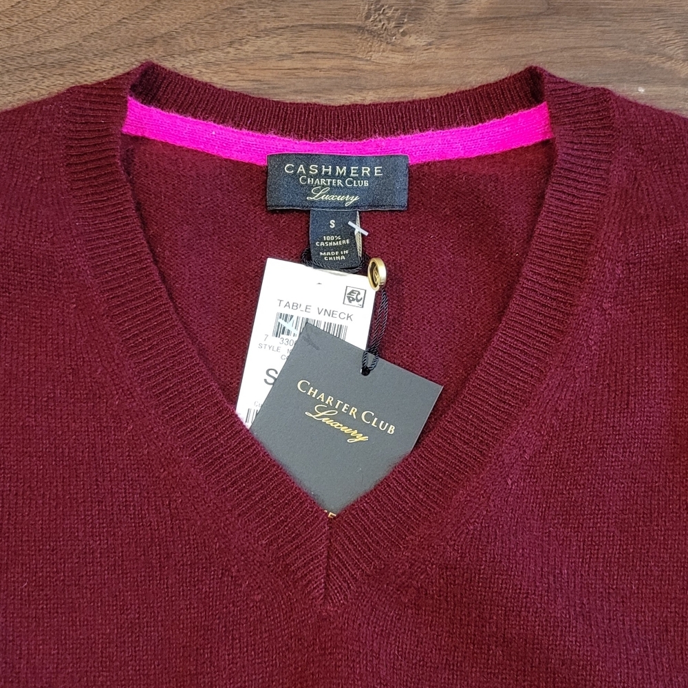 Charter Club Luxury 100% Cashmere V-neck Long Sleeves Sweater Burgendy New